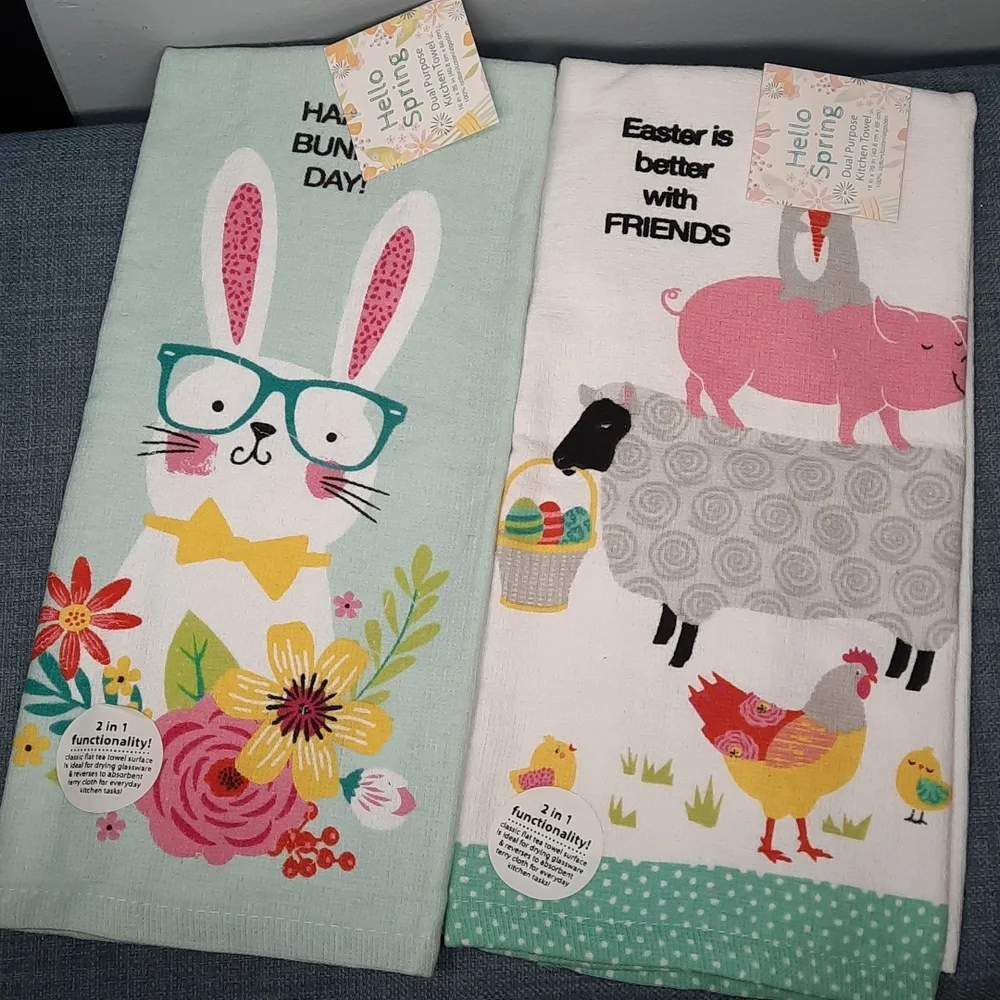 Easter Bunny Spring Farm Animals Dual Purpose Kitchen Dish Towels Fun Set - Picture 1 of 11